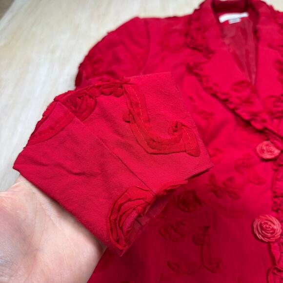 Christopher Banks Red Floral Embroidered Ruffle Trim Button Blazer Jacket XL - Picture 5 of 15